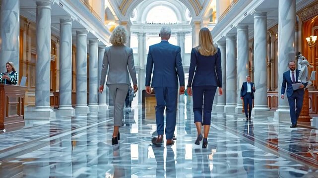 Judges and attorneys go around the courtroom side by side
