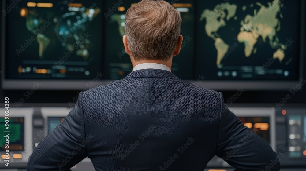 Poster a professional observing data on multiple screens in a control room, showcasing technology and strat