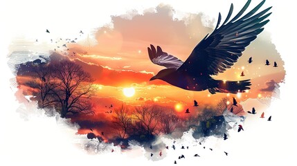 Fototapeta premium Silhouette of a bird soaring, with a sunrise and cloud scene blending within its wings