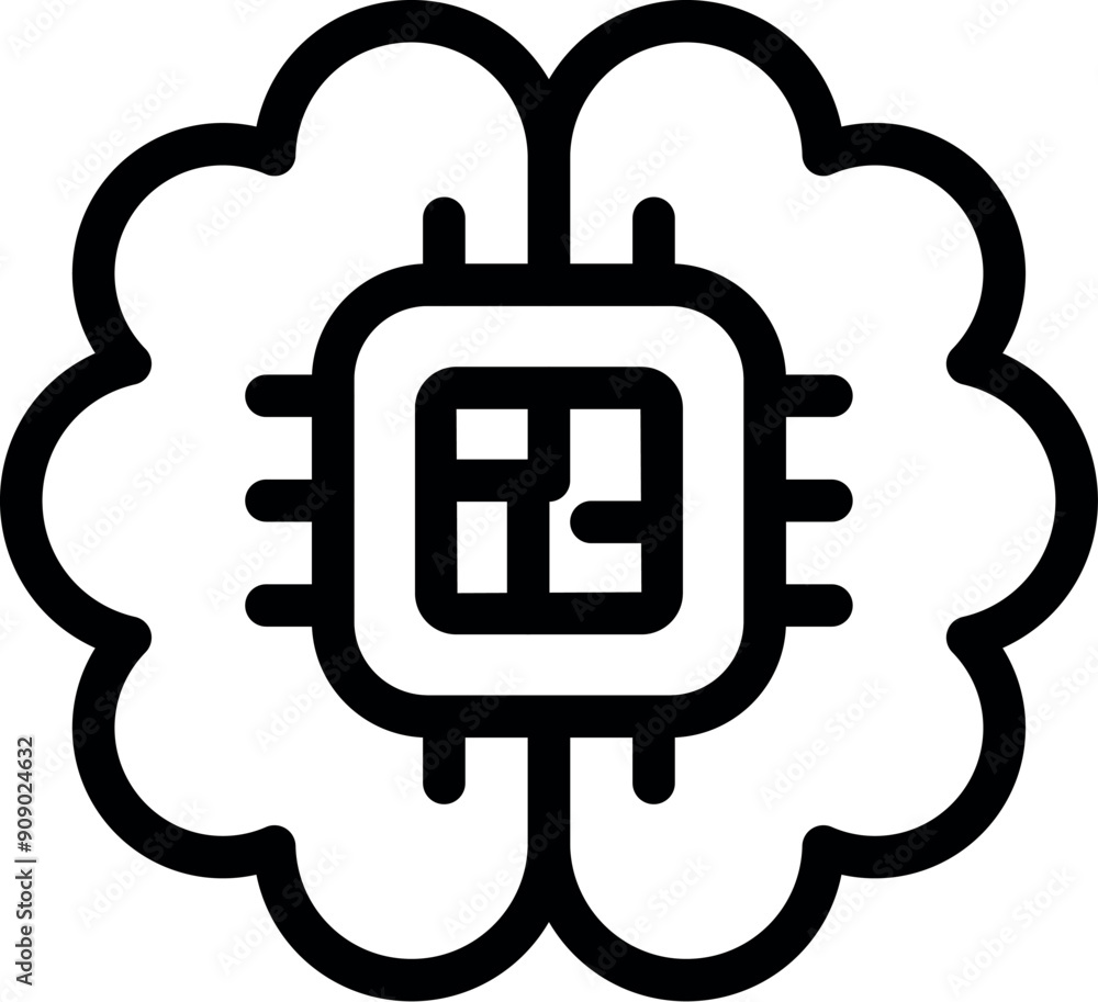 Poster icon of a microchip merging with a human brain, symbolizing artificial intelligence
