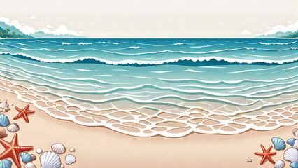 Fototapeta premium Tranquil Beach with Gentle Waves and Seashells: Anime Clean Style Background Design