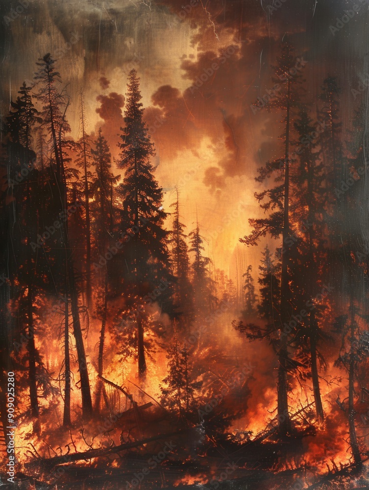 Poster a forest is consumed by intense flames as smoke and ash rise into the sky, highlighting the devastat