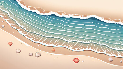 Fototapeta premium Tranquil Beach with Gentle Waves and Seashells: Anime Clean Style Background Design