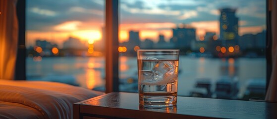 Water glass placed on a bedside table in a hotel room, with a view of the city skyline. 