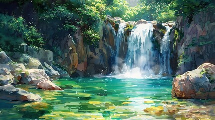 Watercolor painting of a majestic waterfall cascading into a crystal-clear pool surrounded by greenery
