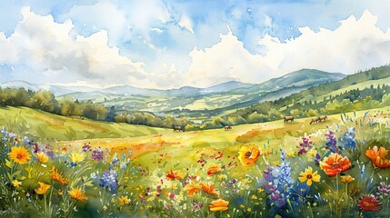 Watercolor painting of a peaceful meadow with wildflowers, grazing animals, and rolling hills