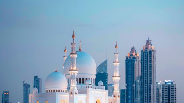 A serene mosque with intricate designs, surrounded by the neon vibrancy of the city, blending tradition and modernity in a harmonious nightscape