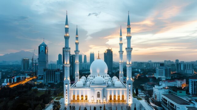 A serene mosque with intricate designs, surrounded by the neon vibrancy of the city, blending tradition and modernity in a harmonious nightscape
