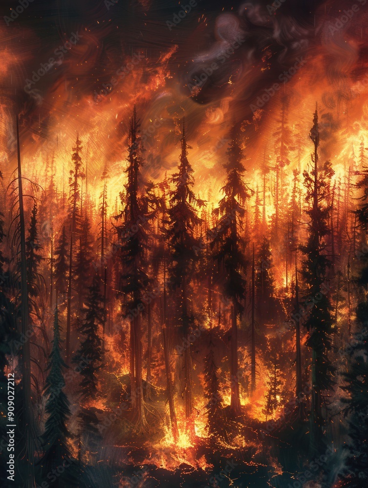 Poster flames engulf a dense forest, devouring trees and sending thick smoke spiraling into the air as the 