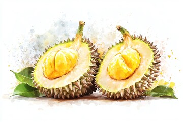 Obraz premium Durian slice, flat design, front view, culinary theme, water color, Splitcomplementary color scheme