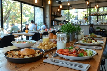 Obraz premium A table setting in a cafe with a variety of salads and a burger