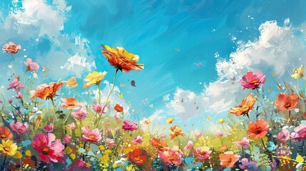 Watercolor painting of a vibrant flower field with colorful blooms, butterflies, and a clear blue sky