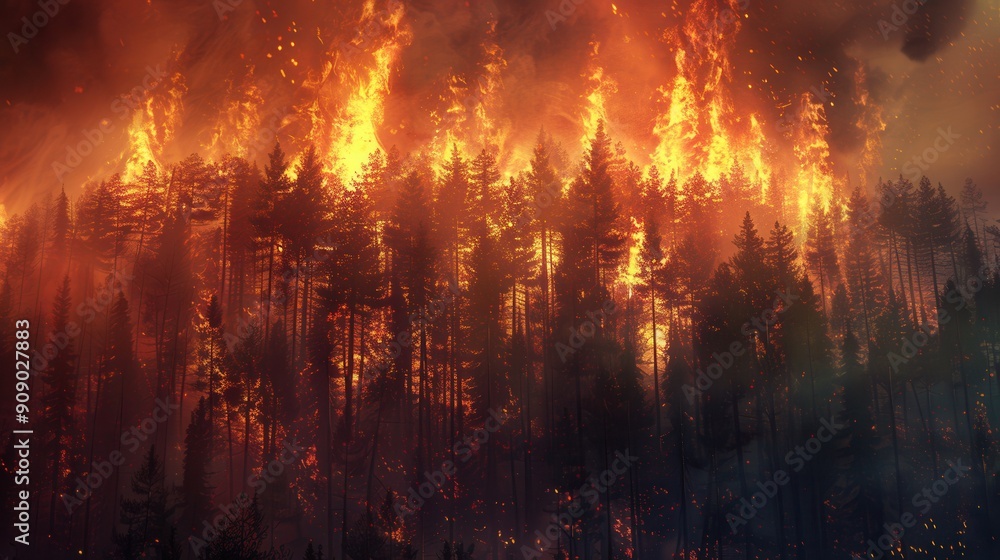 Poster bright flames engulf the forest, destroying trees as thick smoke billows into the sky, creating an o