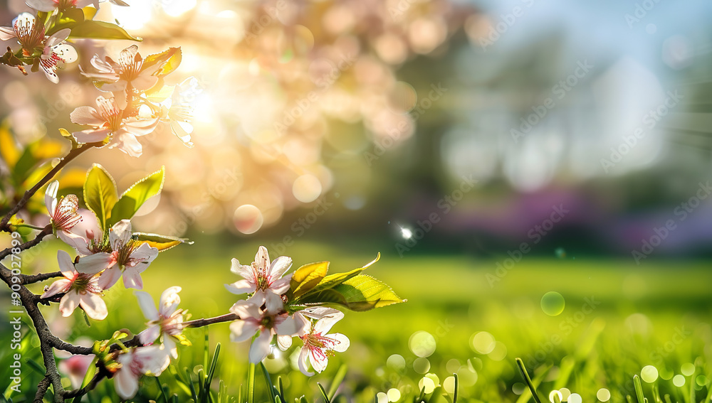Poster beautiful spring landscape with blooming trees and green grass on a...