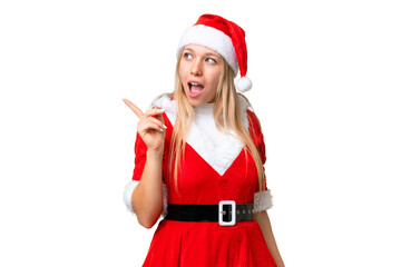 Young blonde woman with christmas hat over isolated chroma key background intending to realizes the solution while lifting a finger up