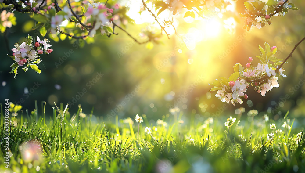Poster beautiful spring landscape with blooming trees and green grass on a...