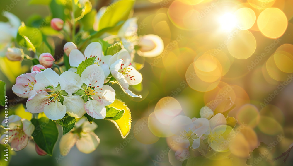 Poster beautiful spring landscape with blooming trees and green grass on a...