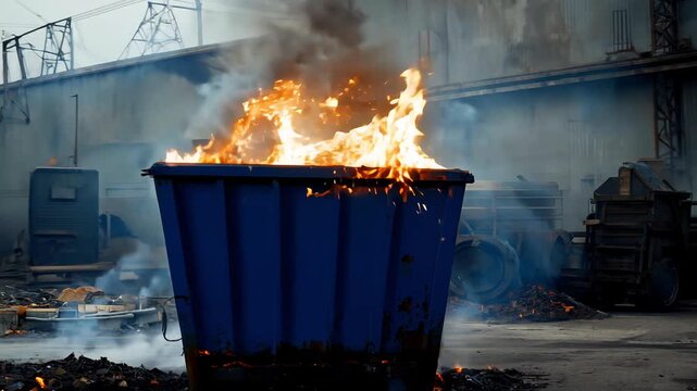 A blue dumpster is on fire, with smoke billowing out of it