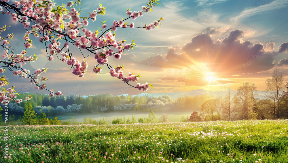 Poster beautiful spring landscape with blooming trees and green grass on a...