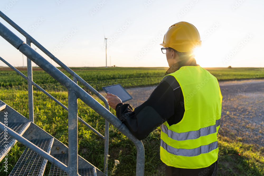 Aufkleber engineer with digital tablet controls wind turbines