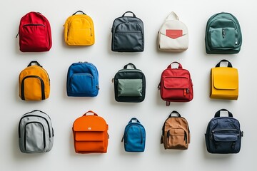 lay out of colorful backpacks for travel or school
