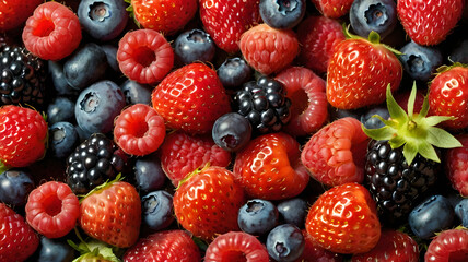 A close up of a variety of berries including strawberries, blueberries