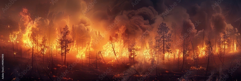 Poster a fierce wildfire lights up the forest, consuming trees with vibrant flames while smoke and ash bill