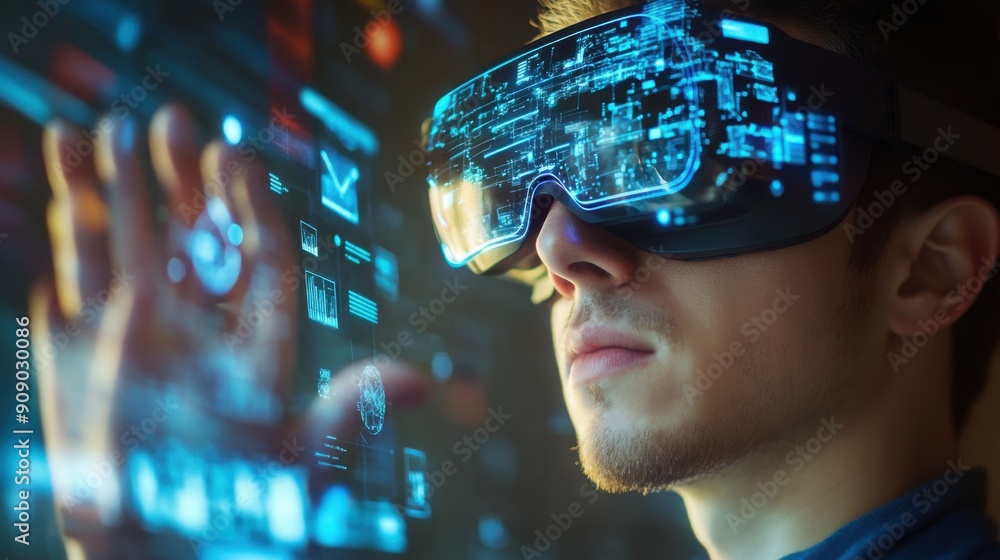 Poster innovative business analyst utilizing augmented reality for growth projections and efficiency optimi