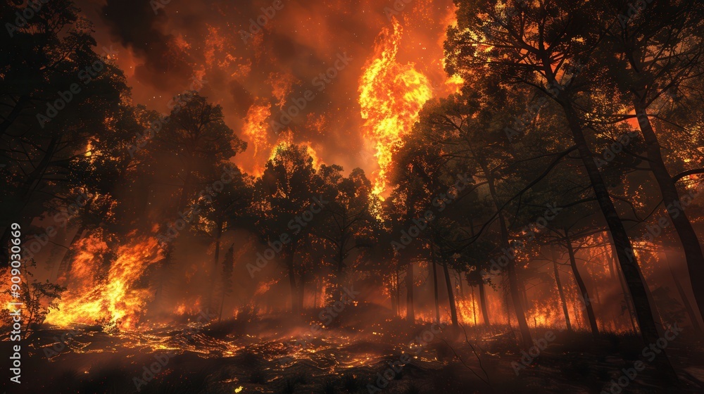 Poster flames engulf the forest, devouring trees as smoke and ash rise dramatically against the fiery backd