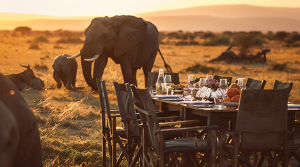 Elephants, sunset, brown, gold, green, safari, dining in the wild, adventure, luxury, wildlife experience. 