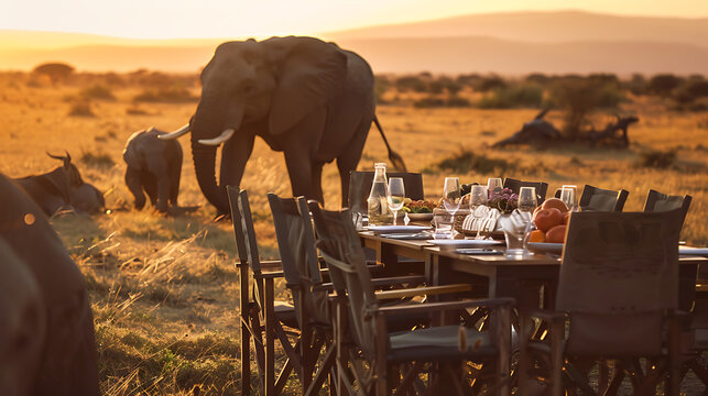 Fototapeta Elephants, sunset, brown, gold, green, safari, dining in the wild, adventure, luxury, wildlife experience. 