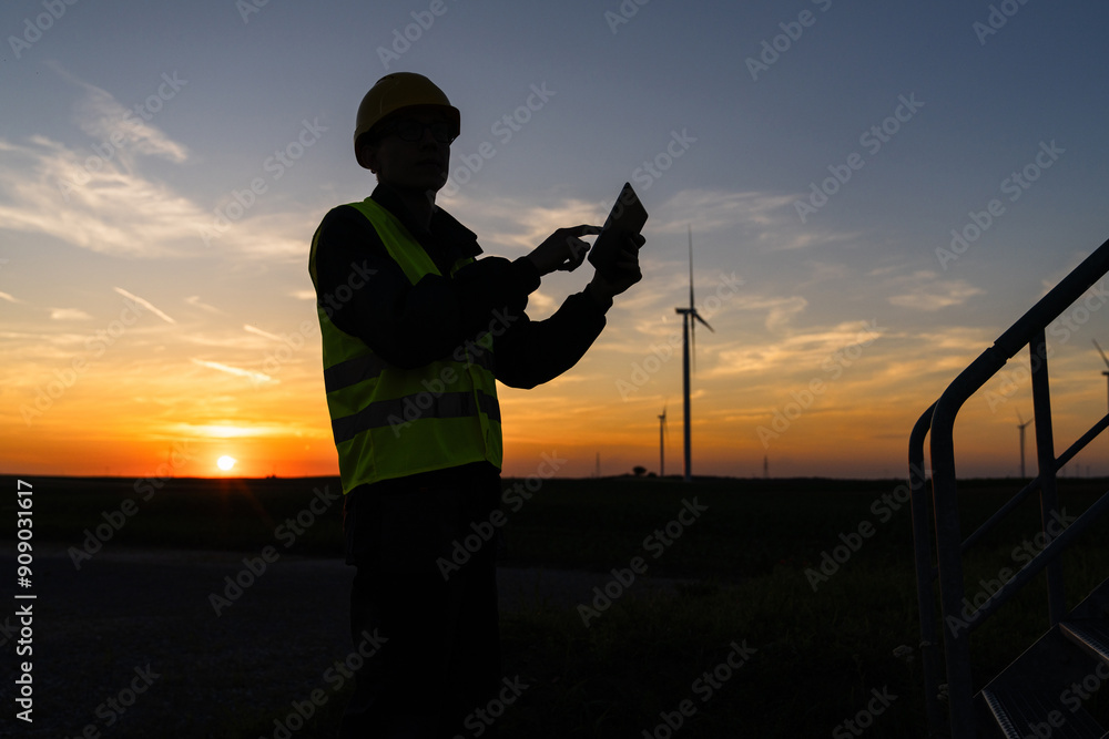 Aufkleber engineer with digital tablet works on a field of wind turbines at sunset.