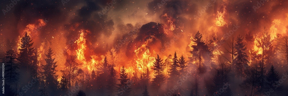 Poster a forest is consumed by a fierce fire, bright flames engulfing trees while smoke and ash billow into