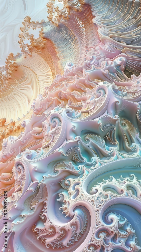 Poster a mesmerizing display of intricate fractal patterns intertwined with delicate pastel colors and flui