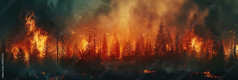 Poster flames engulf trees in a forest, creating an intense display of fire and smoke against the darkening