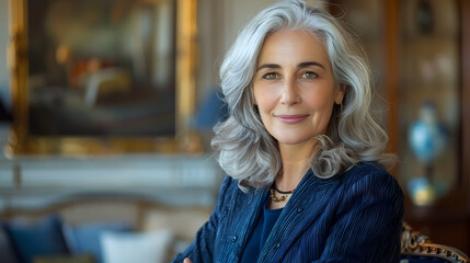 Fototapeta premium senior refined Spanish businesswoman wearing dark blue dress, matching blazer elegantly posing in office