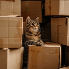 Fototapeta premium A cat exploring a stack of cardboard boxes, looking curious and playful