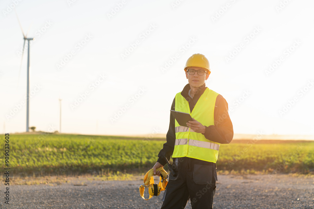 Aufkleber engineer with digital tablet controls wind turbines