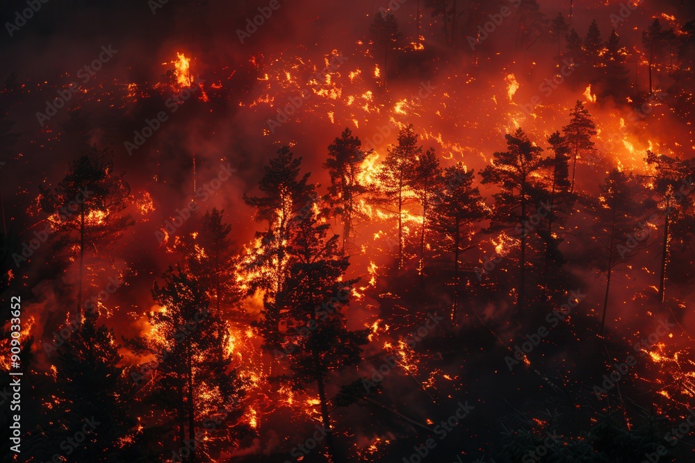 Poster flames roar through the forest as trees burn, sending plumes of smoke and ash into the atmosphere du