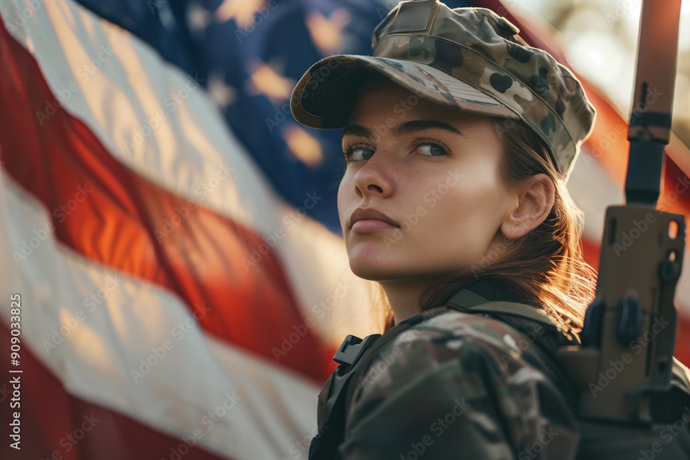 Wall mural Female soldier with rifle and American flag background