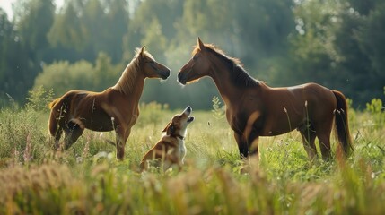 Fototapeta premium Harmony in Motion - Horse and Dog Enjoying Playtime Together in a Green Meadow