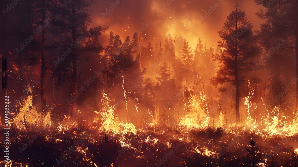 Poster bright flames engulf trees as smoke and ash rise, illustrating the destructive power of wildfires in