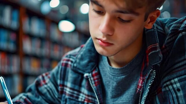 A male undergraduate completing homework in geometry and maths in the library
