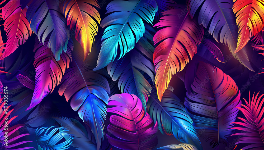 Poster vibrant neon leaves in various colors, creating an abstract...