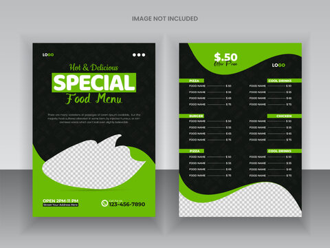 Delicious Food Menu Design Template healthy food flyer and restaurant menu card design and bifold brochure design template