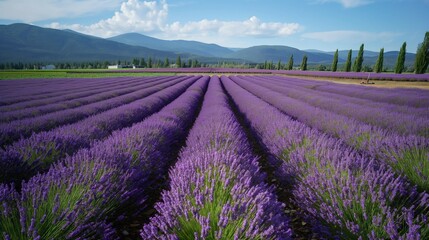 Fototapeta premium A sunny day on a lavender farm, with rows of purple flowers swaying gently