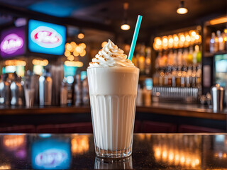 Iced coffee milkshake with whipped cream on the bar counter