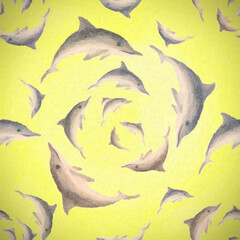 Group of dolphins swimming in a circle, seamless pattern