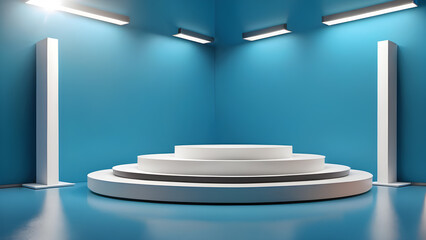 Empty blue room with white podium and spotlights