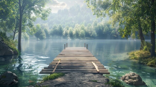 lakefront relaxation, a tranquil lakeside getaway, with wooden docks extending over calm waters ideal for relaxation and quiet reflection amidst serene surroundings